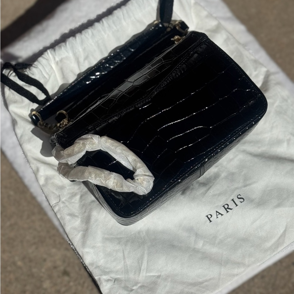 Sandro Black Croc-Embossed Patent Leather Crossbody Bag with Gold Ring Clasp - Picture 10 of 16